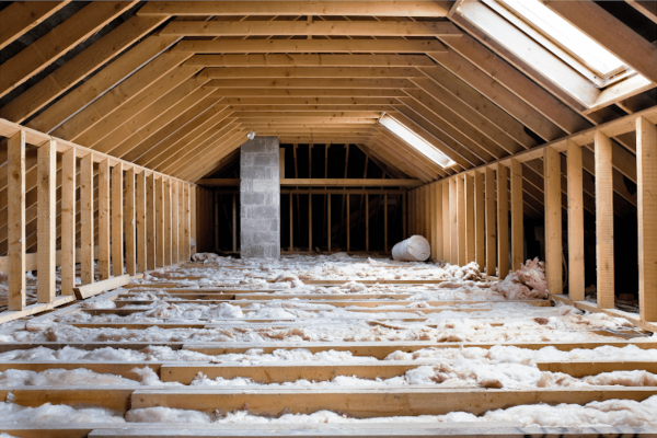 Travaux d'isolation des combles dans une maison, montrant des matériaux isolants écologiques installés sous une charpente en bois pour améliorer l'efficacité énergétique.